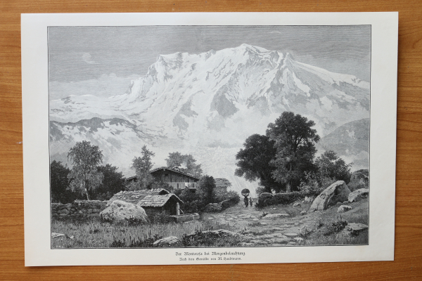 Wood Engraving Monte Rosa in the morning Switzerland 1887 after painting by M Haubtmann Art Artist